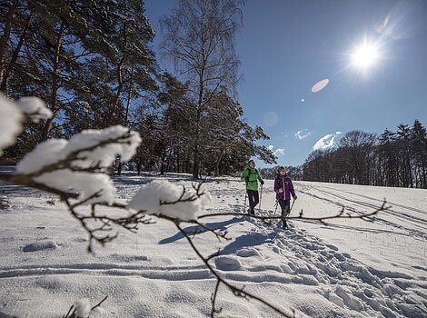 Wanderer unterwegs auf dem schneebedeckten Altmühltal-Panoramaweg.