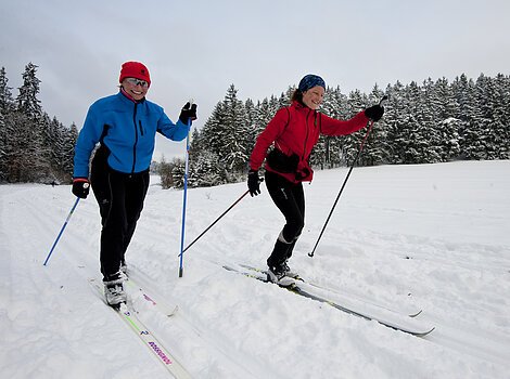 Im Winter mit viel Schnee im Hintergrund einen Wald laufen zwei Personen auf Ihren Langlaufski die Loipe entlang.