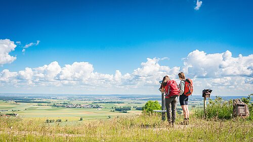 Zwei Wanderinnen mit roten Rucksäcken stehen an einem Aussichtspunkt auf der Anhöhe und blicken über eine weite, offene Landschaft mit Feldern, Wiesen und kleinen Ortschaften. Eine der Frauen schaut durch ein fest installiertes Fernglas. Der Himmel ist strahlend blau mit vielen weißen, fluffigen Wolken. Rechts im Bild befindet sich eine Infotafel auf einem Stein.