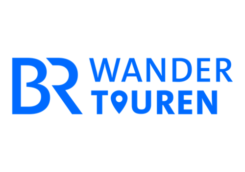 Logo "BR Wandertouren" Logo mit den blauen Buchstaben "BR" und dem Text "WANDERTOUREN" mit einem Kartenmarkierungssymbol.