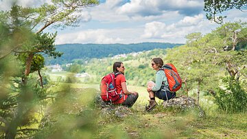 Zwei Personen mit Rucksäcken sitzen auf einem Felsen in einer grünen Landschaft.