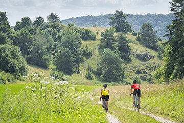 ein Pärchen radelt auf einem geschwungenen Schotterweg ein das idyllische Hessental bei Eichstätt hinab. Vor Ihnen liegt eine für das Altmühltal typische Wacholderheide.